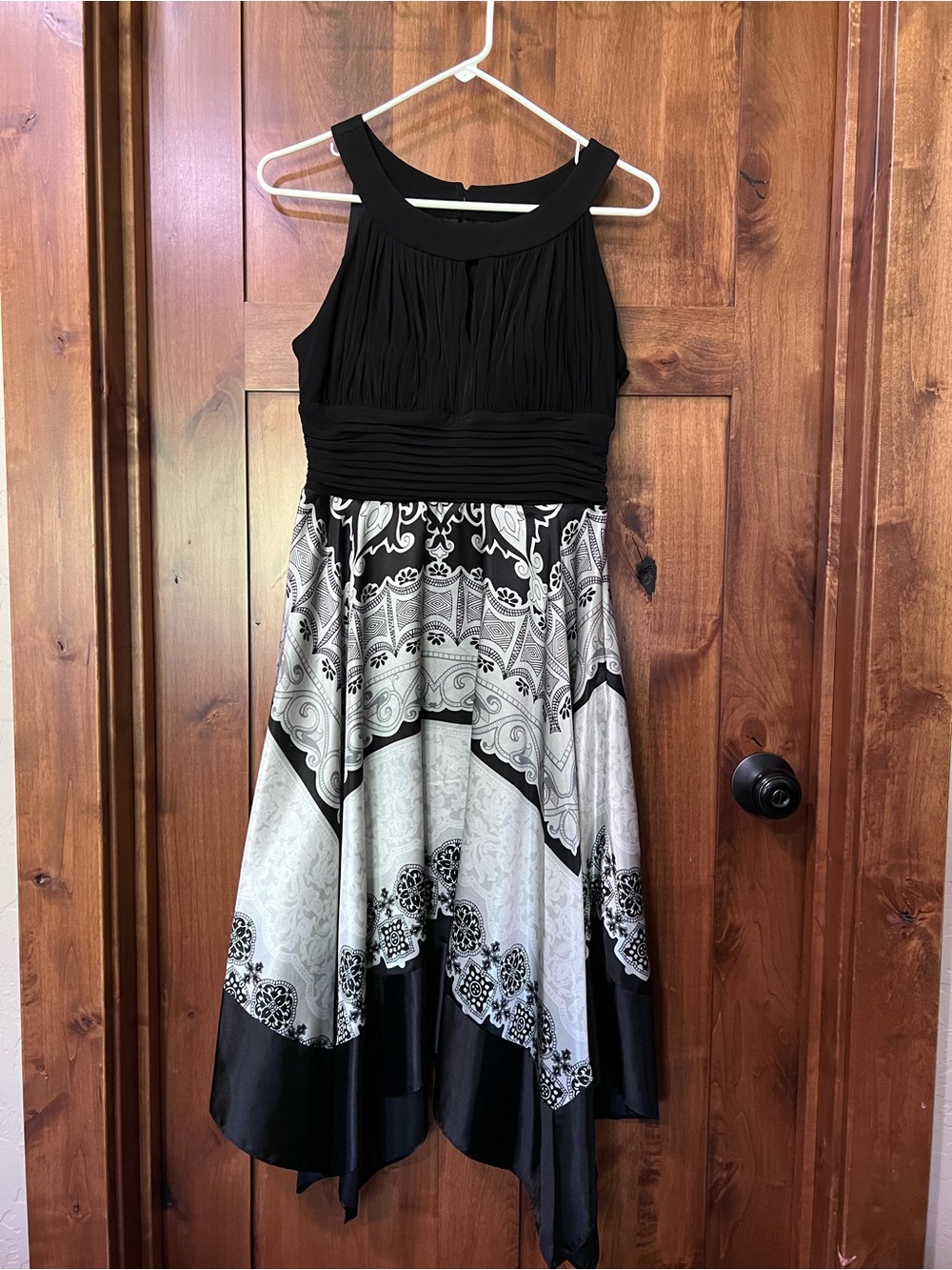 Signature by Sangria Black and White Handkerchief Hem Party Dress
